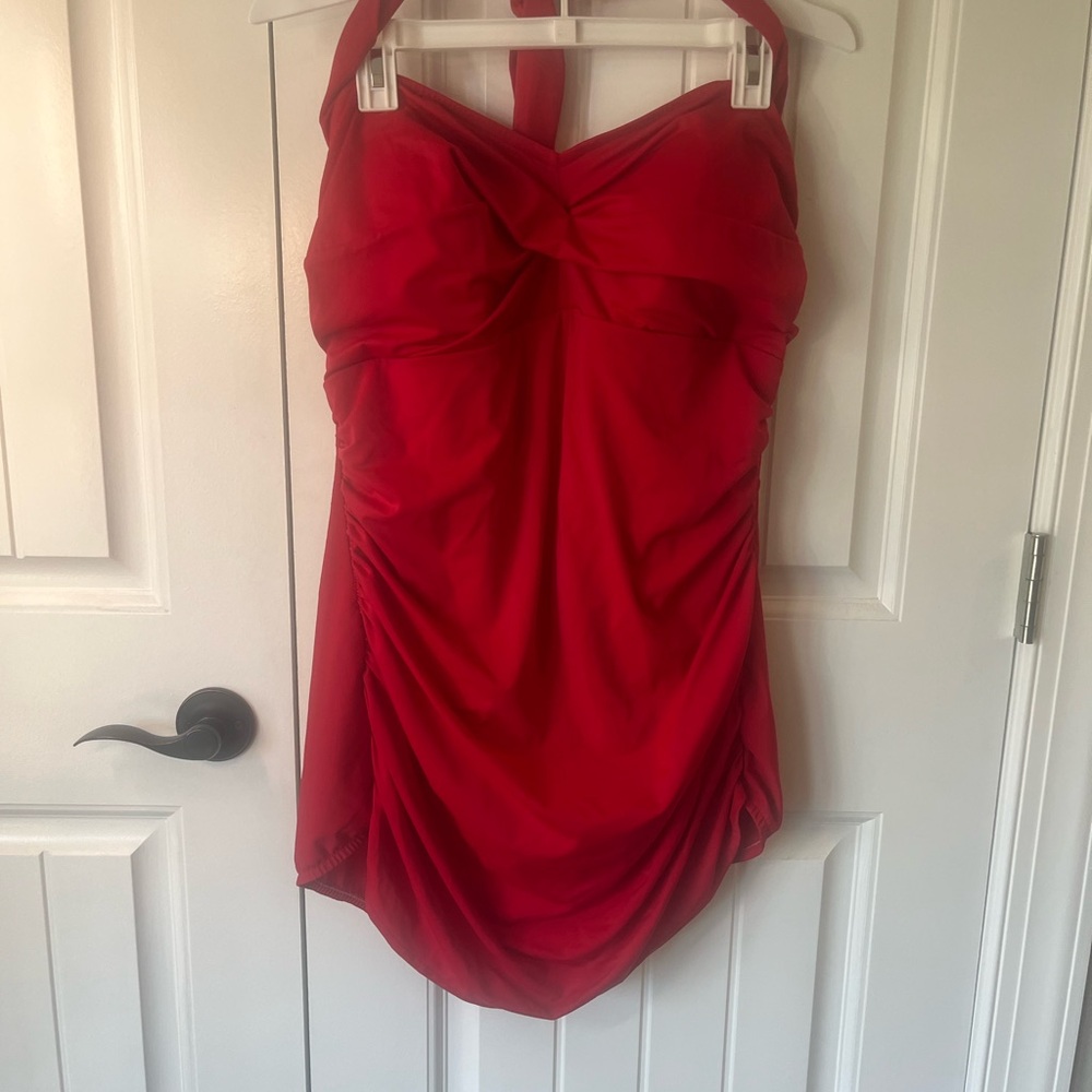 Elegant Red Halter Swimsuit with Ruched Sides